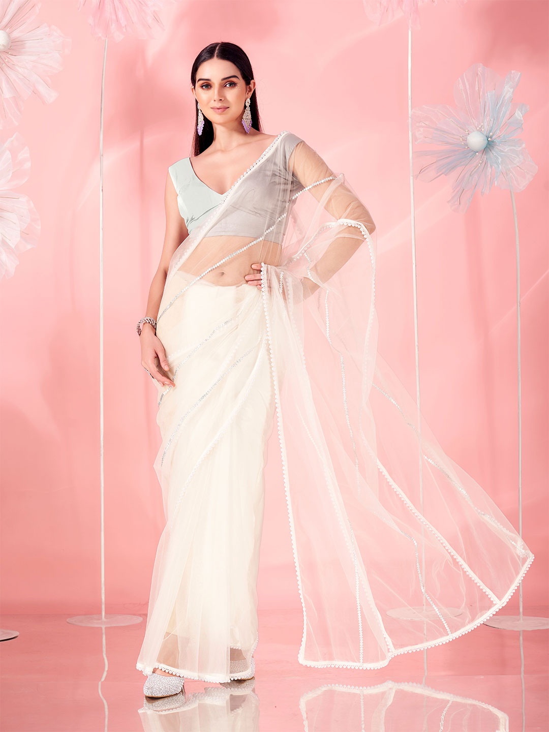 

Tikhi Imli Embellished Beads and Stones Saree, Off white