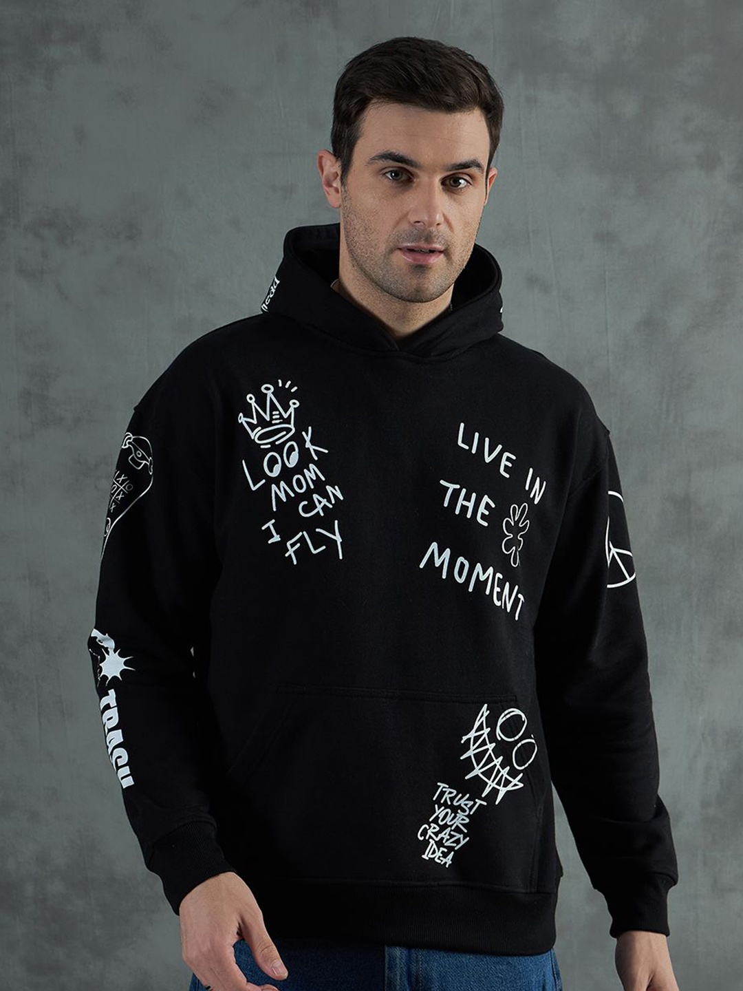 

FUGAZEE Men Printed Hooded Pullover Sweatshirt, Black