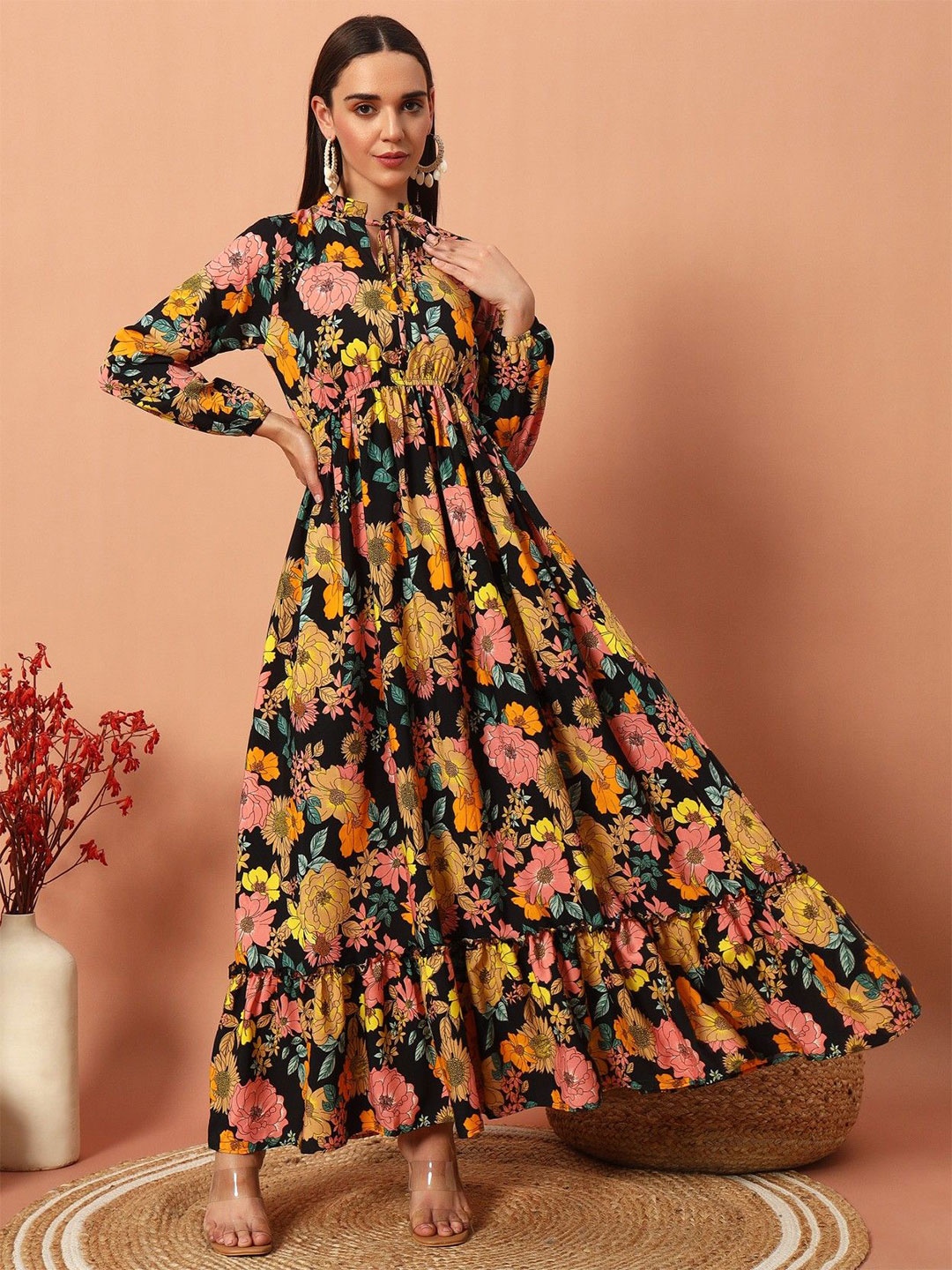 

Femvy Floral Printed Tie-Up Neck Crepe Fit & Flare Maxi Dress, Yellow