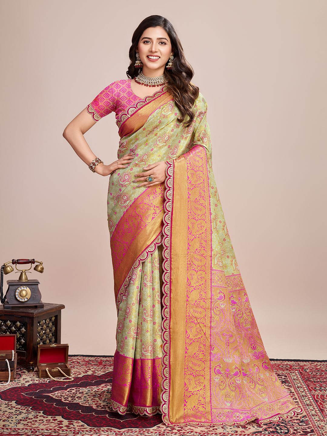 

Munir Floral Zari Embroidered Kanjeevaram Saree, Sea green