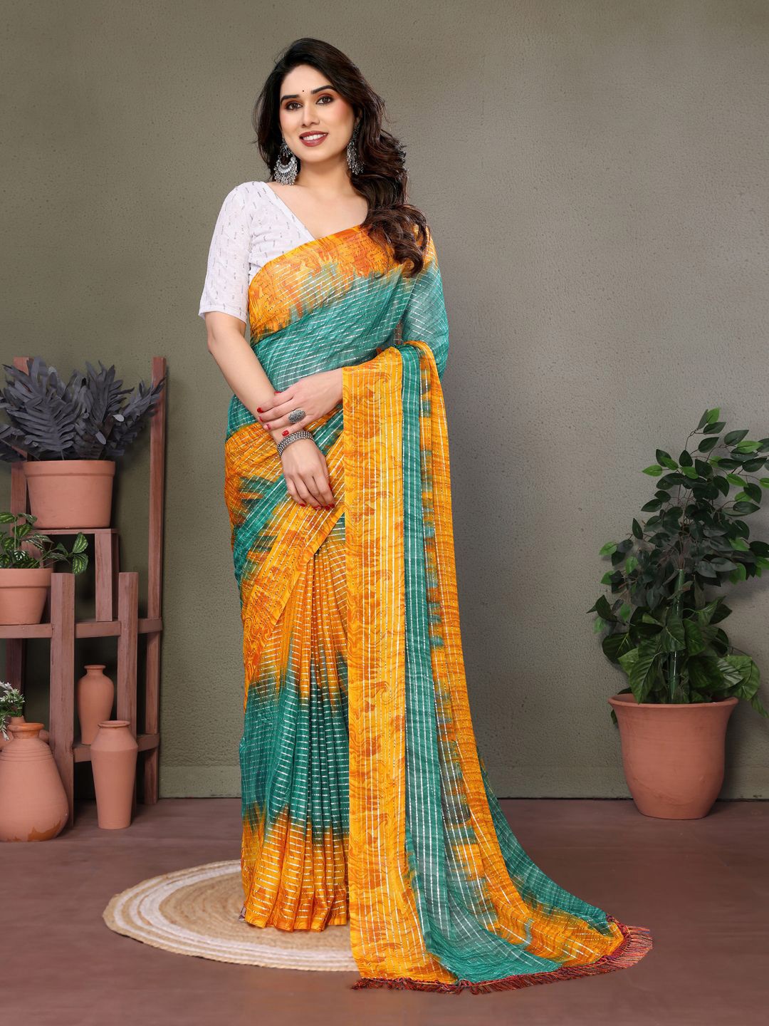 

VILLAGIUS Striped Pure Georgette Saree, Sea green