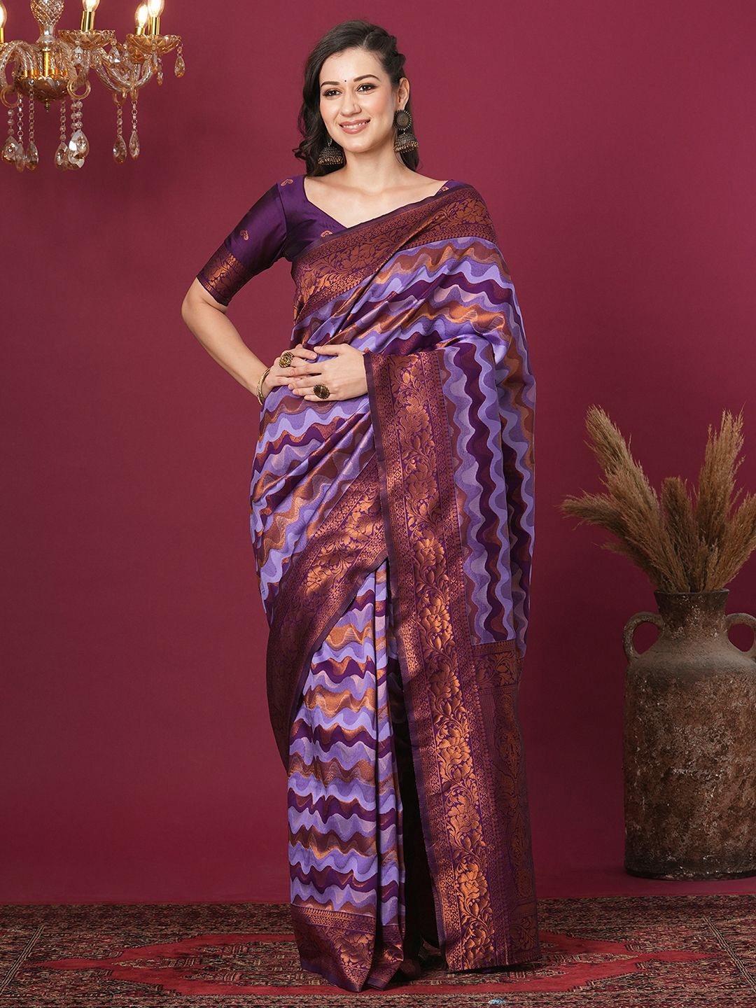 

Satrani Striped Woven Design Zari Banarasi Saree, Lavender