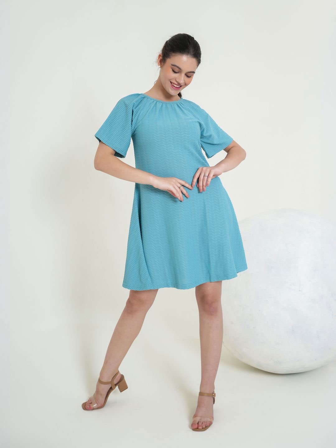 

PURVAJA Women Boat Neck A-Line Dress, Turquoise blue