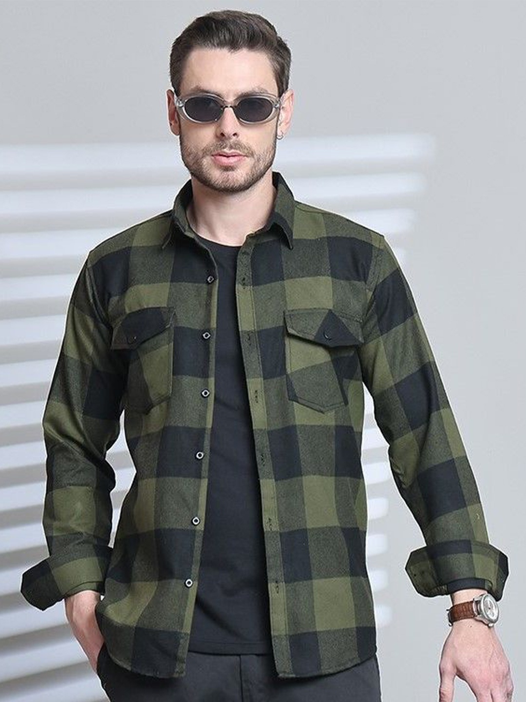 

Majestic Man Modern Fit Spread Collar Gingham Checked Cotton Casual Shirt, Green