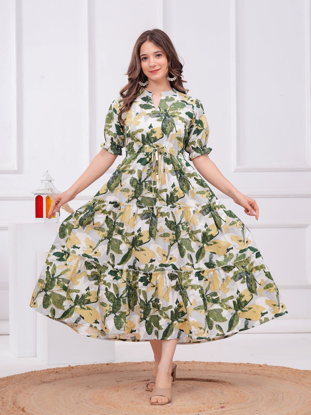 

SITA FASHION HUB Women Printed Puff Sleeves Cotton Ethnic Dress, Green