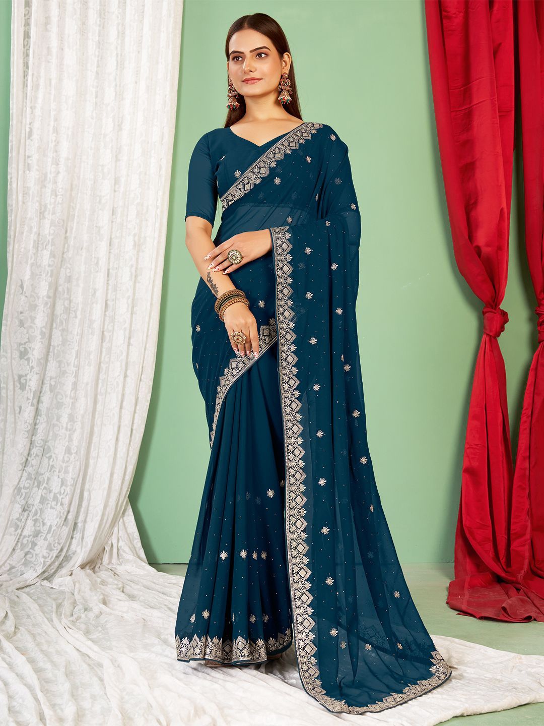 

Panzora Ethnic Motifs Embroidered Designer Saree, Blue