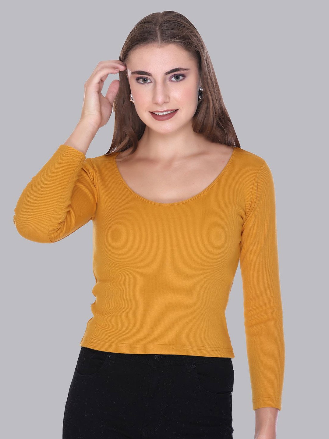 

PLUSH PUSH THE FASHION Women Scoop Neck Ribbed Top, Mustard