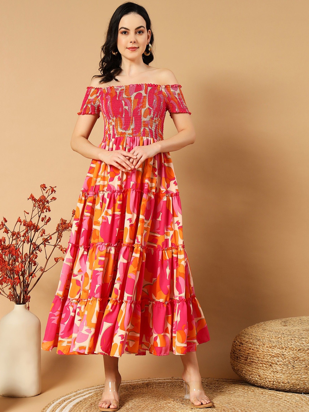 

Femvy Women Abstract Printed Fit & Flare Maxi Dress, Orange