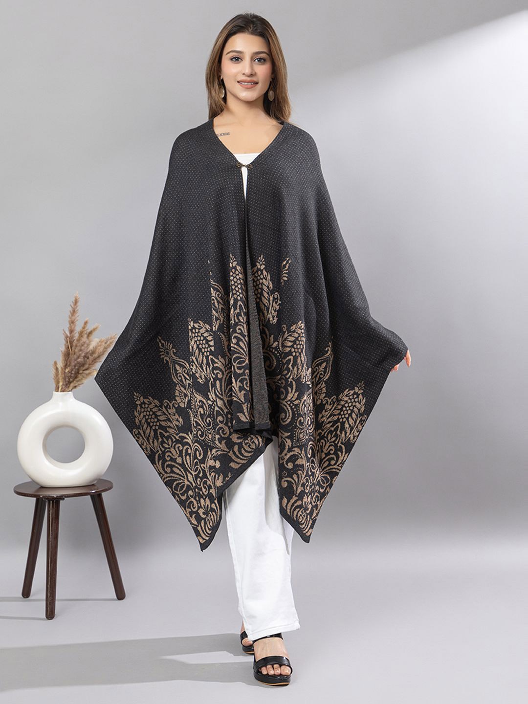 

KEIKO Printed Open Front Acrylic Shrug, Charcoal