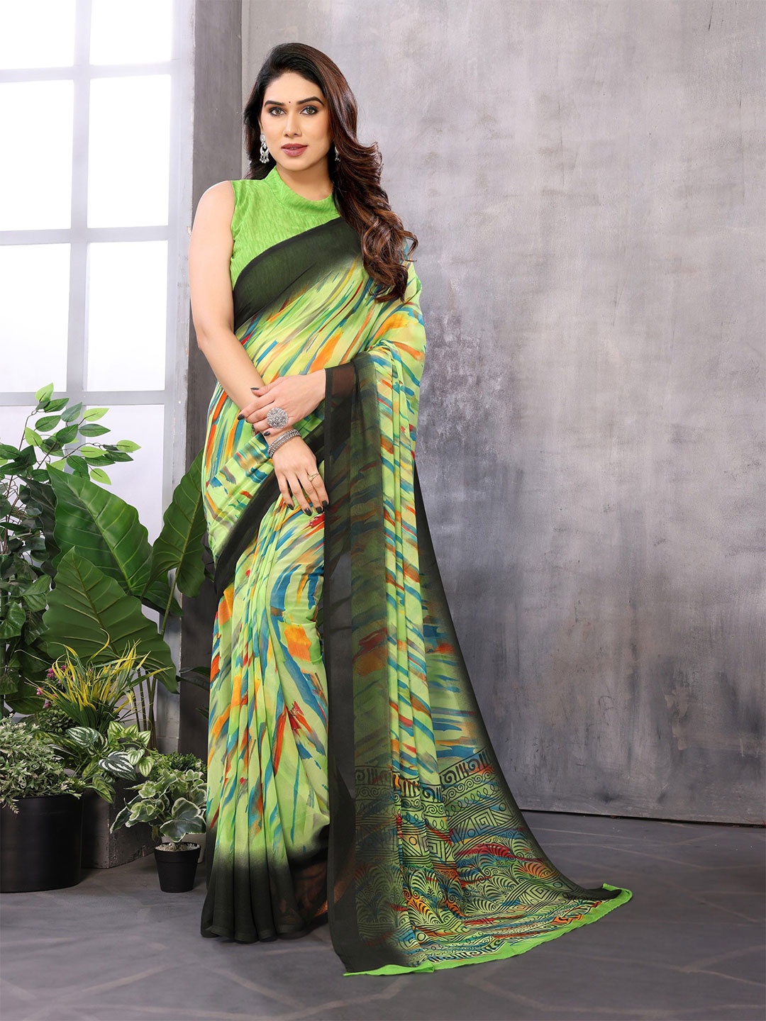 

Ambuja International Pure Georgette Saree, Green