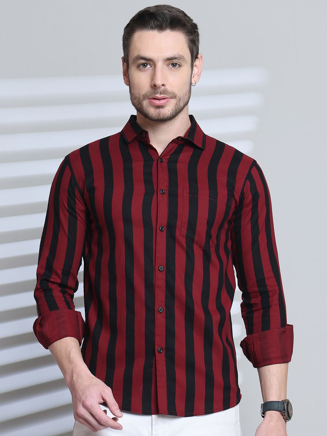 

Majestic Man Comfort Slim Fit Cutaway Collar Vertical Striped Cotton Casual Shirt, Burgundy