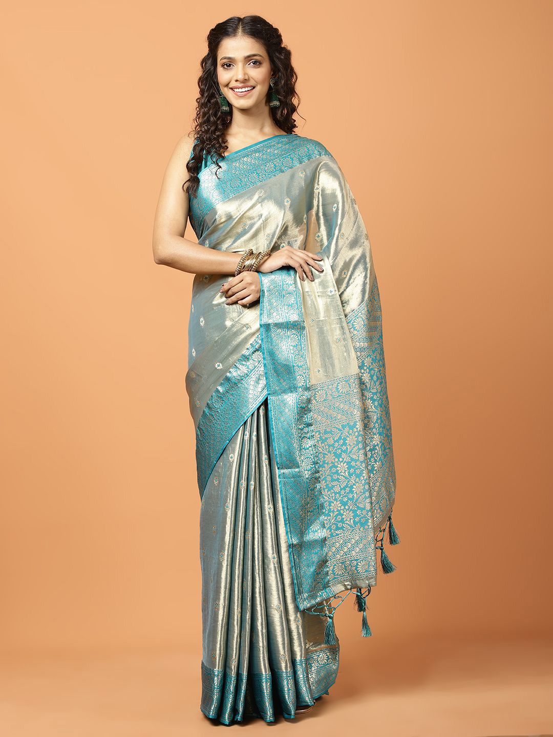 

Meena Bazaar Tissue Banarasi Saree, Blue