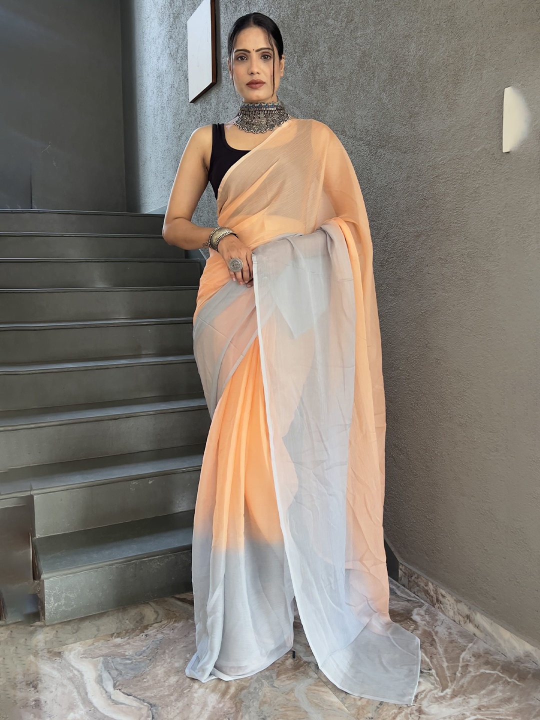 

DIVASTRI Ombre Pure Chiffon Ready to Wear Saree, Orange