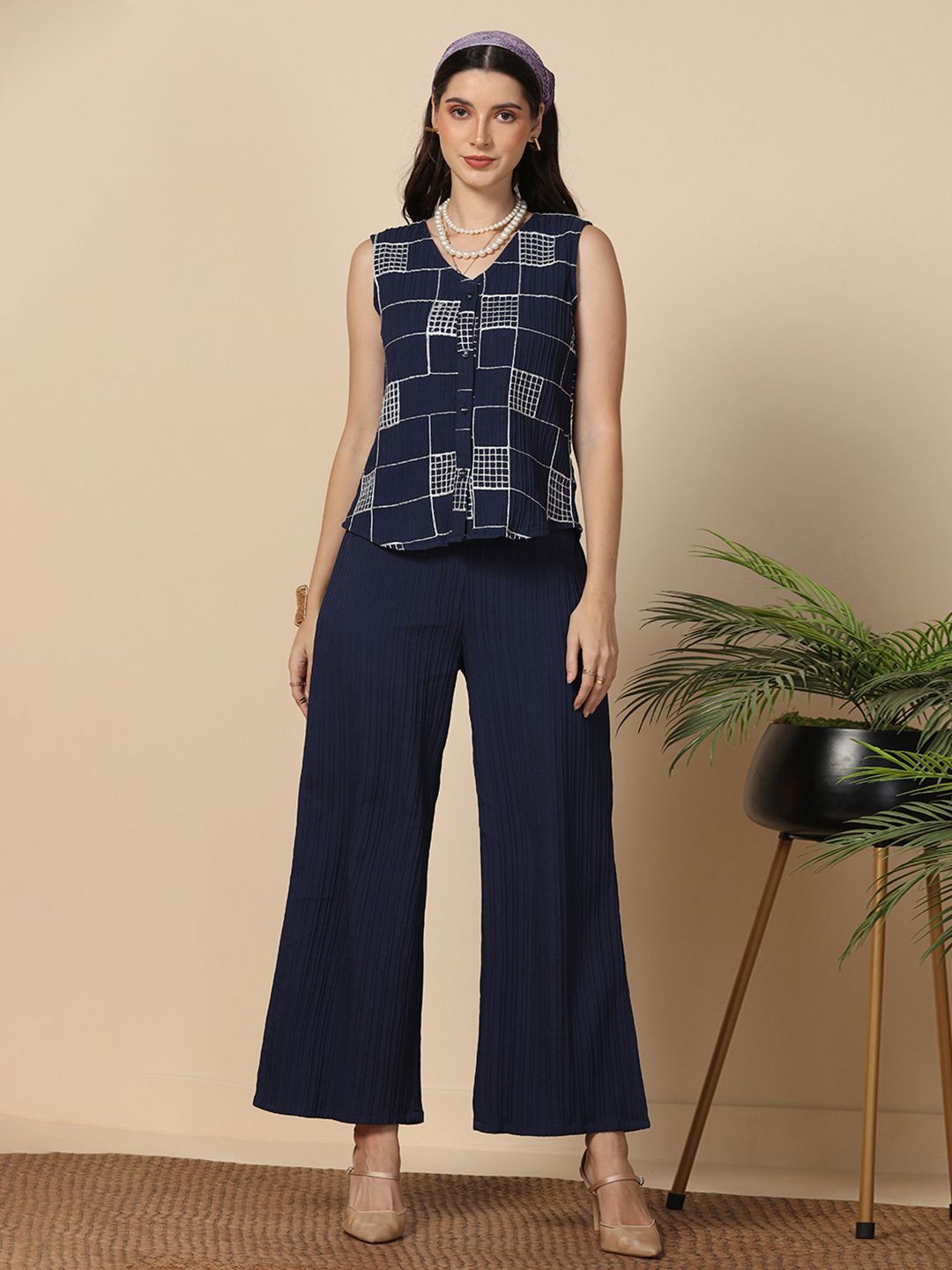 

OMPAX Embroidered V-Neck Sleeveless Shirt With Trouser, Navy blue