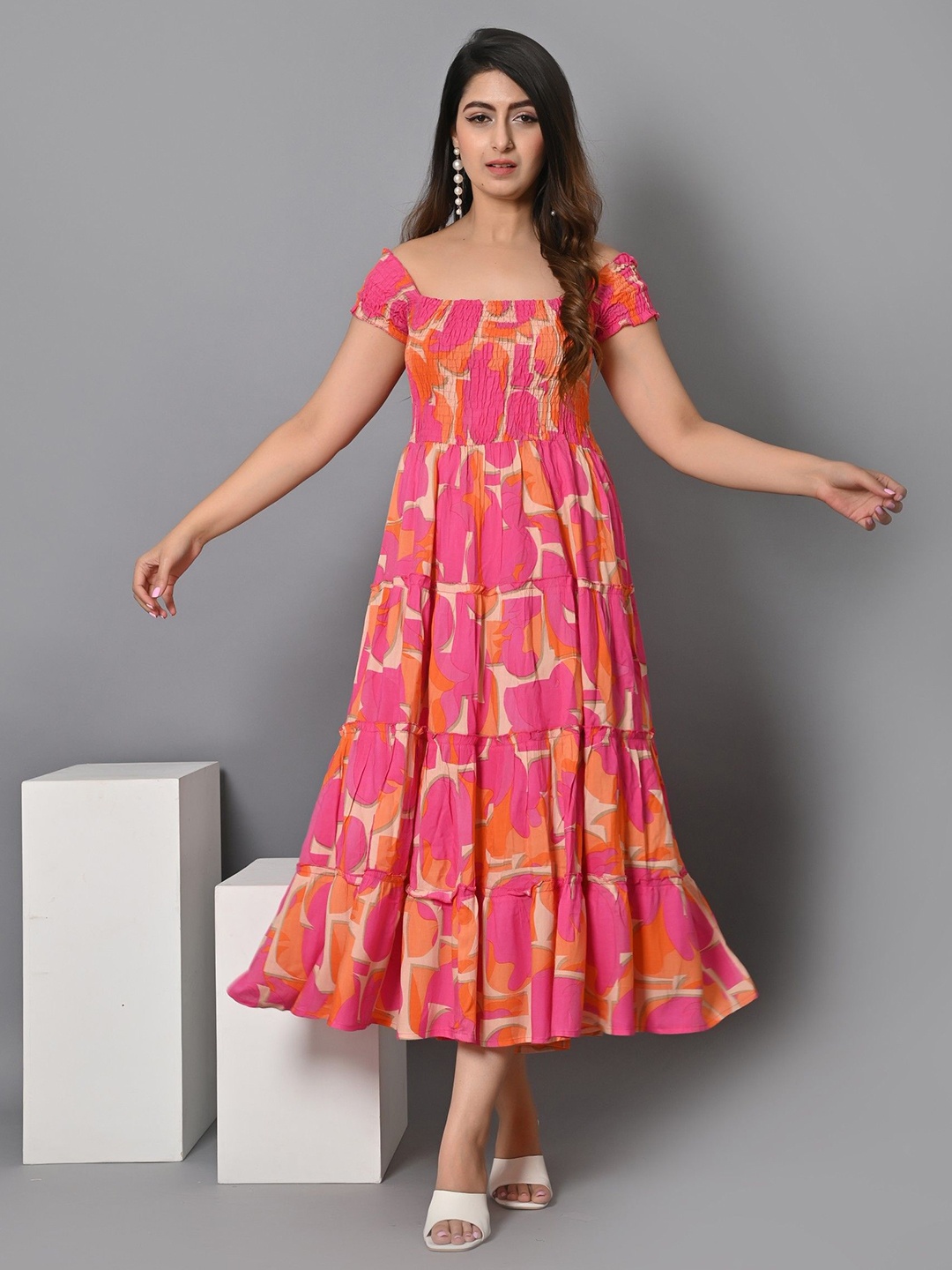 

Raiyani Enterprise Printed Off-Shoulder Crepe Tiered Fit & Flare Midi Dress, Orange