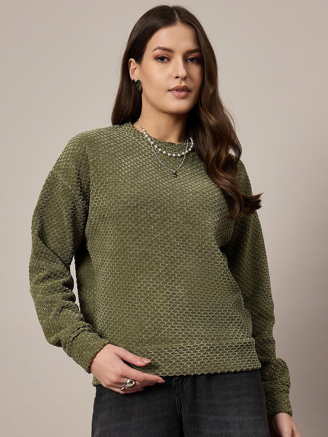 

The Roadster Lifestyle Co. Women Self Design Long Sleeves Sweatshirt, Olive