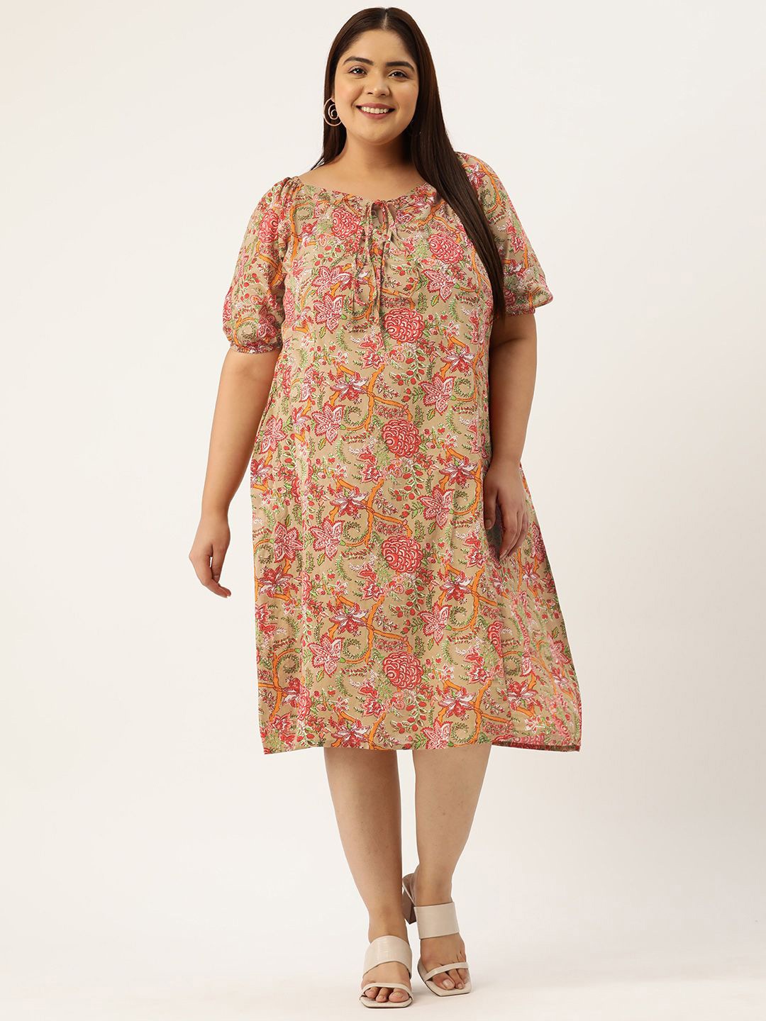 

theRebelinme Women Floral Print Puff Sleeve A-Line Midi Plus Size Dress, Green