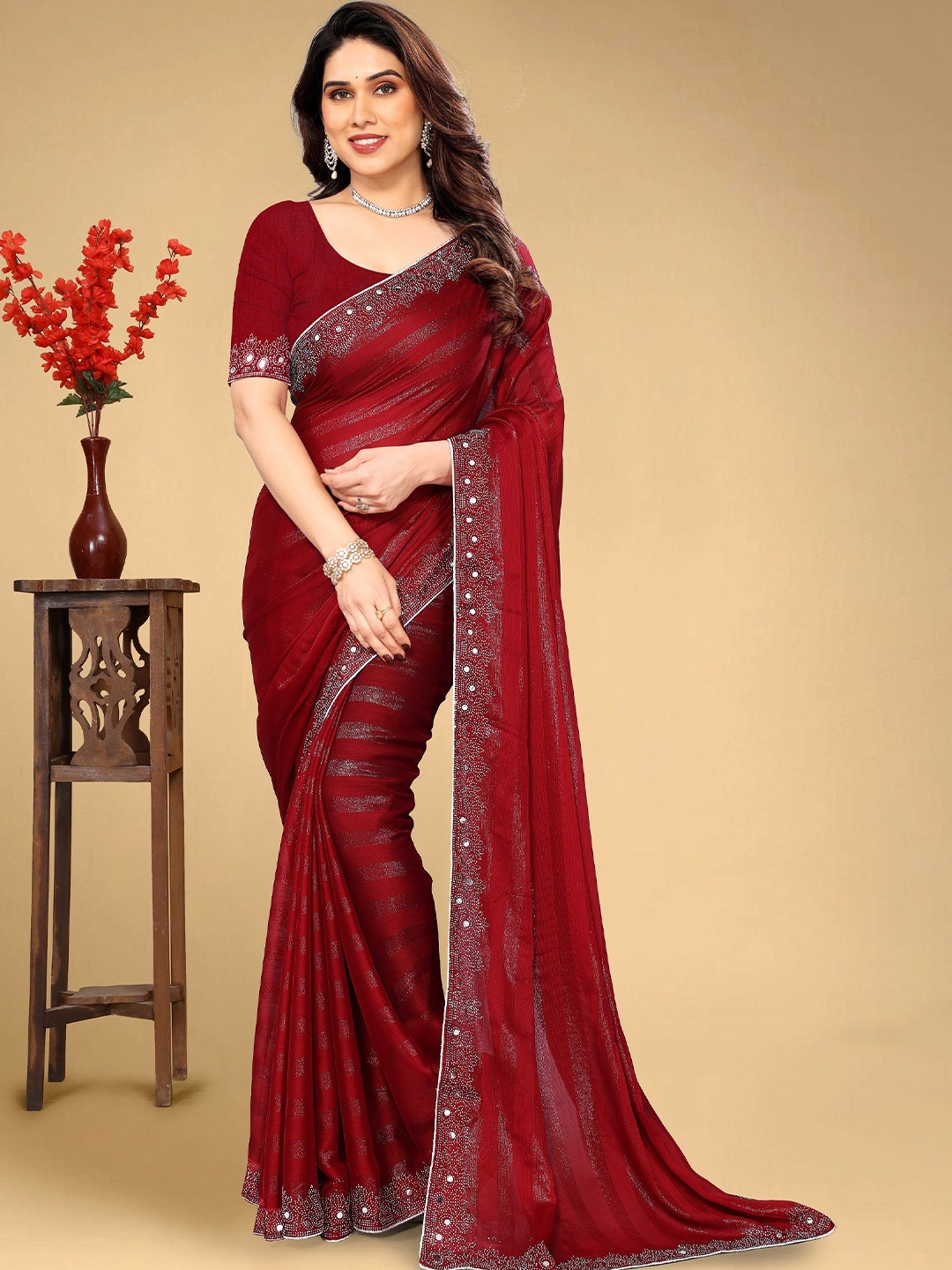

VEERAIVA Floral Beads and Stones Ready to Wear Saree, Maroon