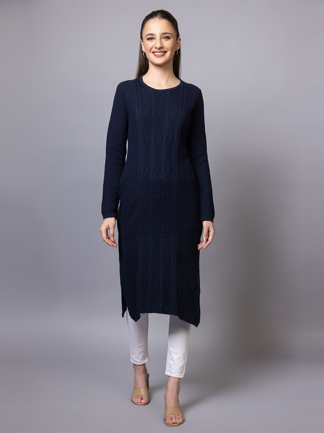 

Anouk Navy Blue Geometric Woven Design Mandarin Collar Straight Kurta