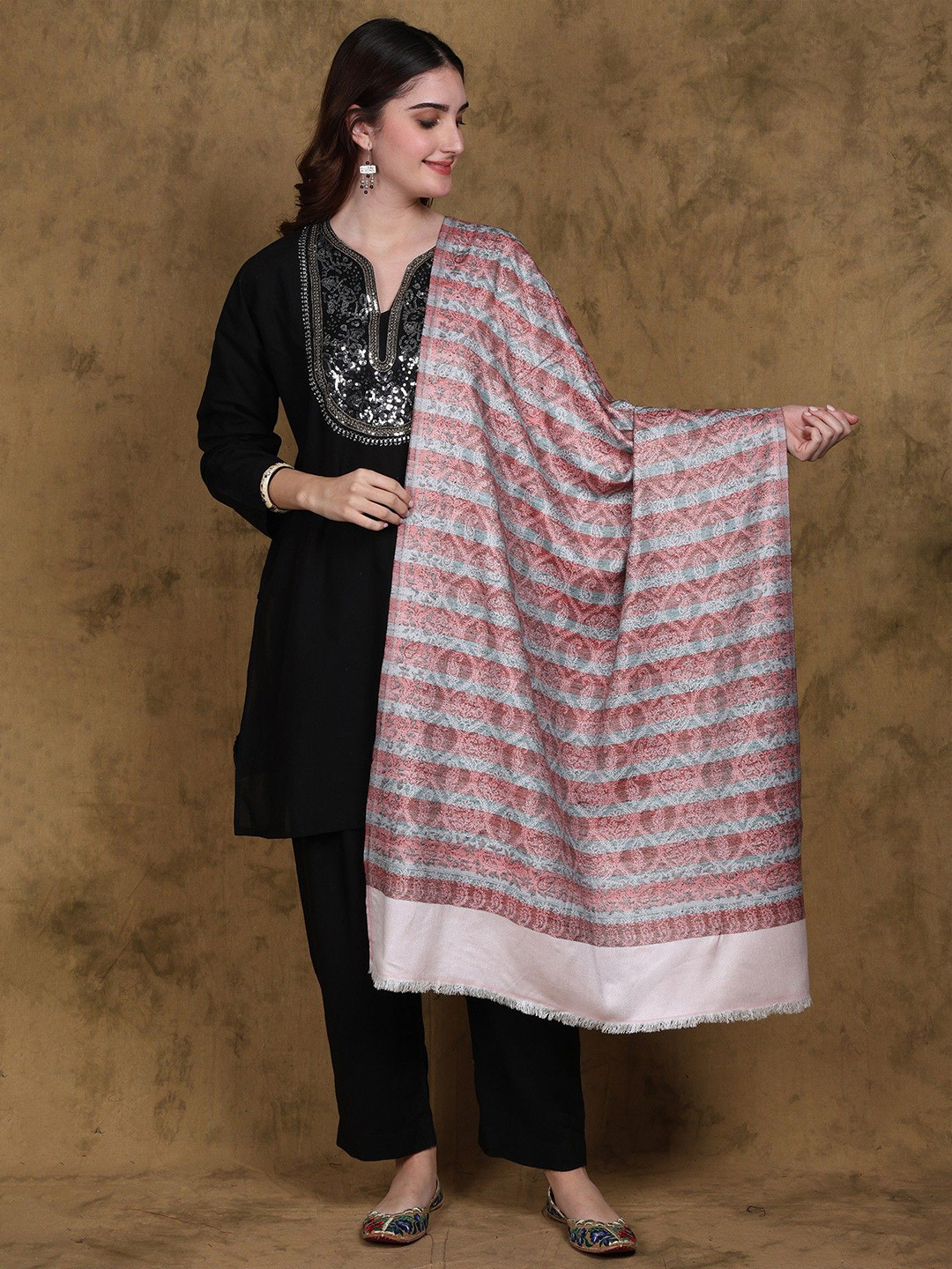 

Exotic India Reversible Stole from Punjab with Woven Paisley and Flower Ogee Pattern, Rose