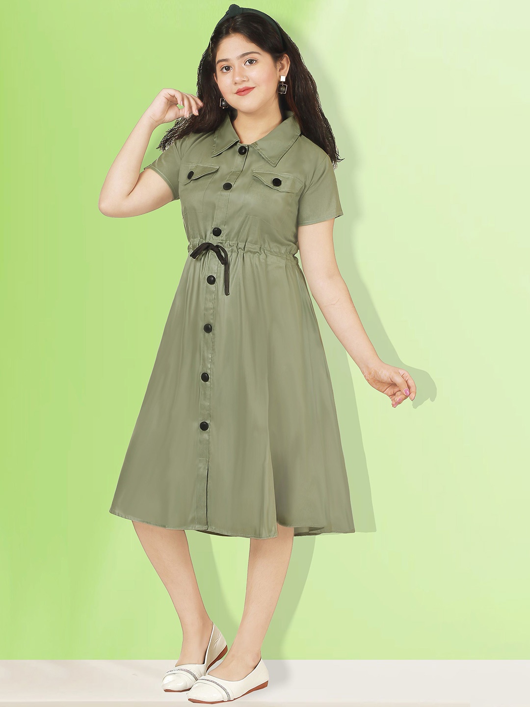 

KAARIGARI Girls Shirt Collar Cotton A-Line Dress, Green