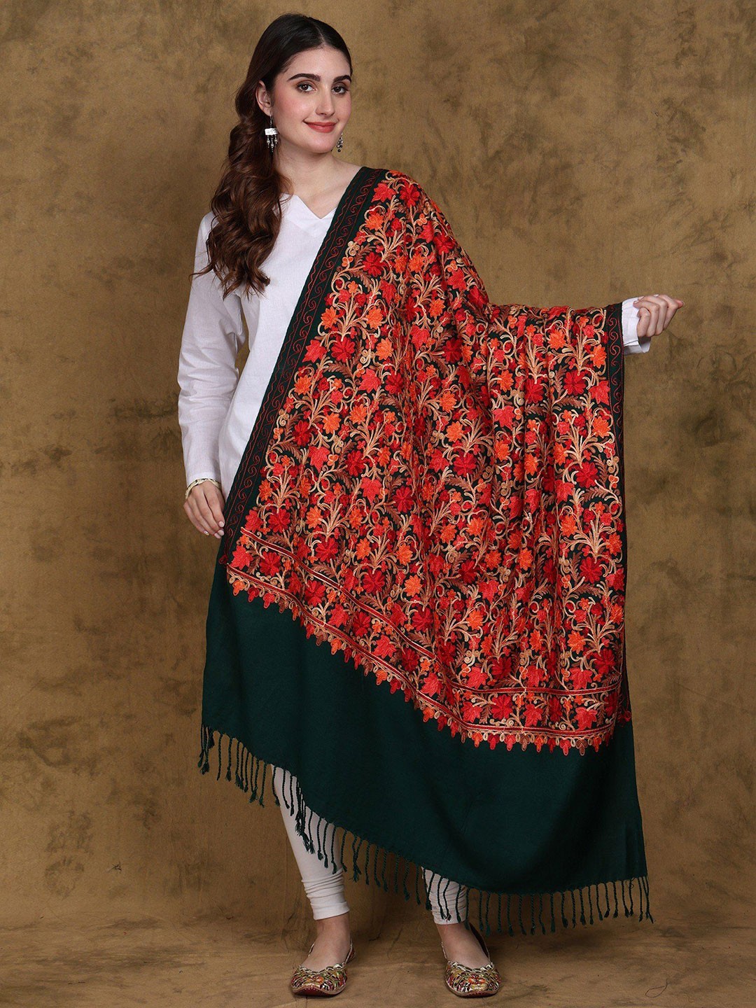 

Exotic India Women Floral Embroidered Shawl, Green