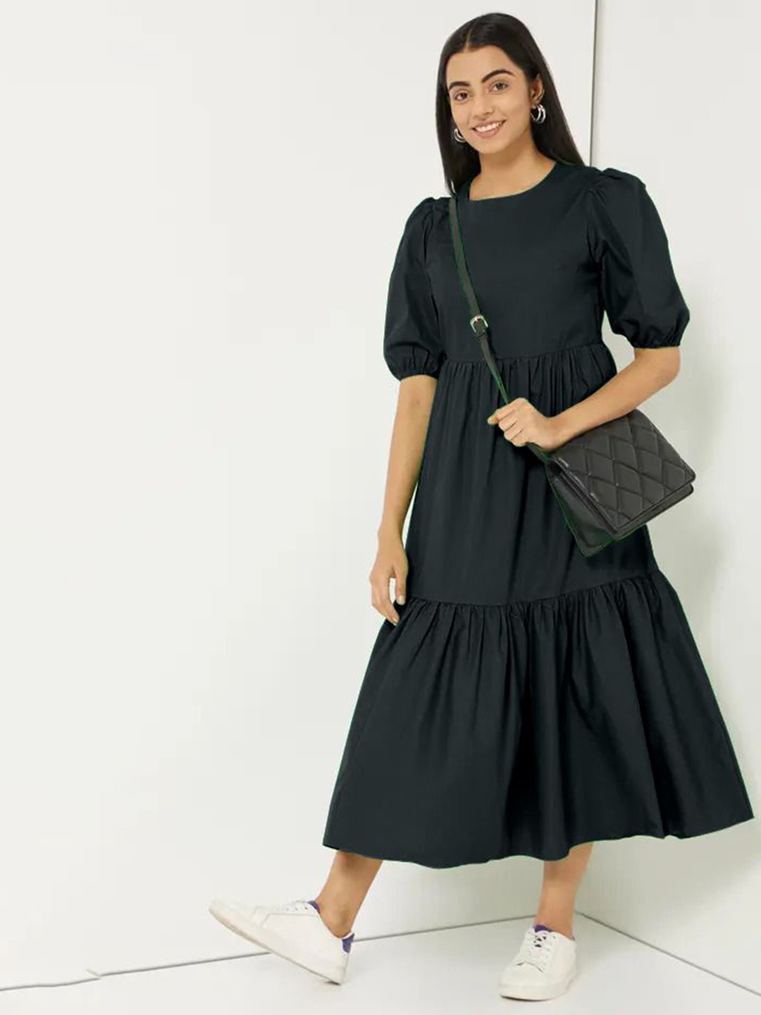 

Krunal Raiyani Puff Sleeves Tiered Fit & Flare Maxi Dress, Black