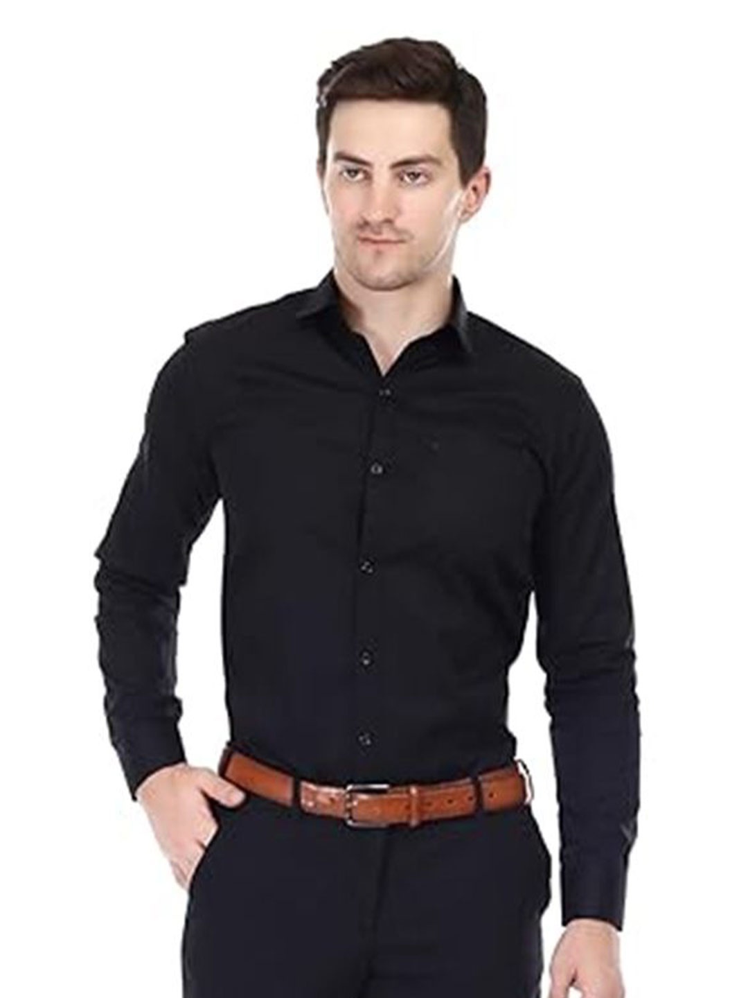 

Xjarvis Men Standard Slim Fit Spread Collar Solid Formal Shirt, Black