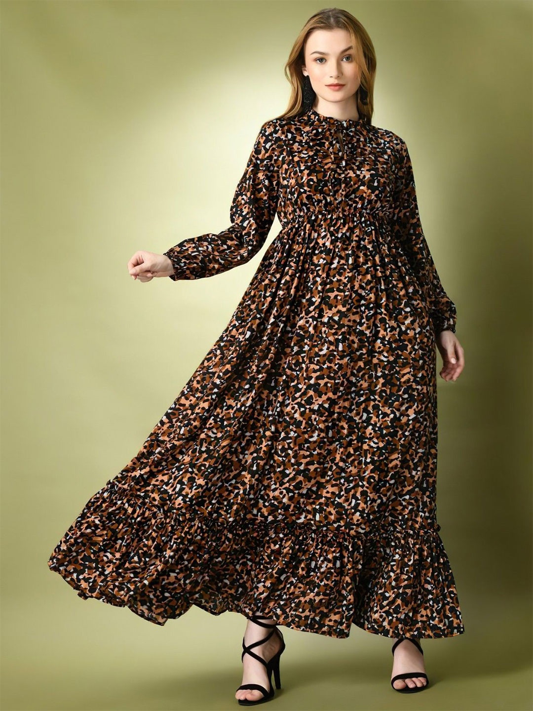 

Raiyani Enterprise Women Printed Tie-Up Neck Crepe Fit & Flare Maxi Dress, Black
