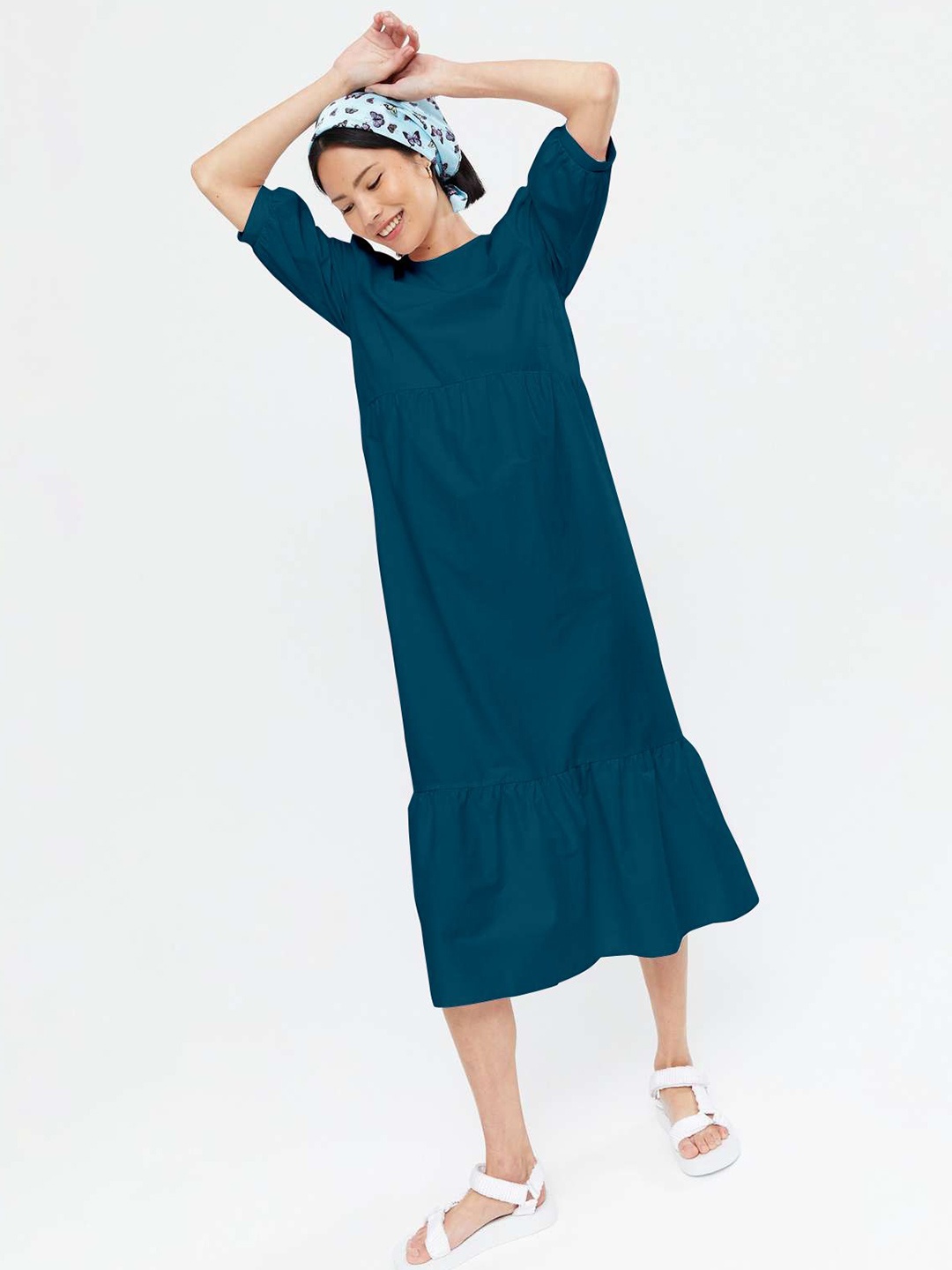 

Femvy Women Round Neck Drop-Waist Dress, Blue
