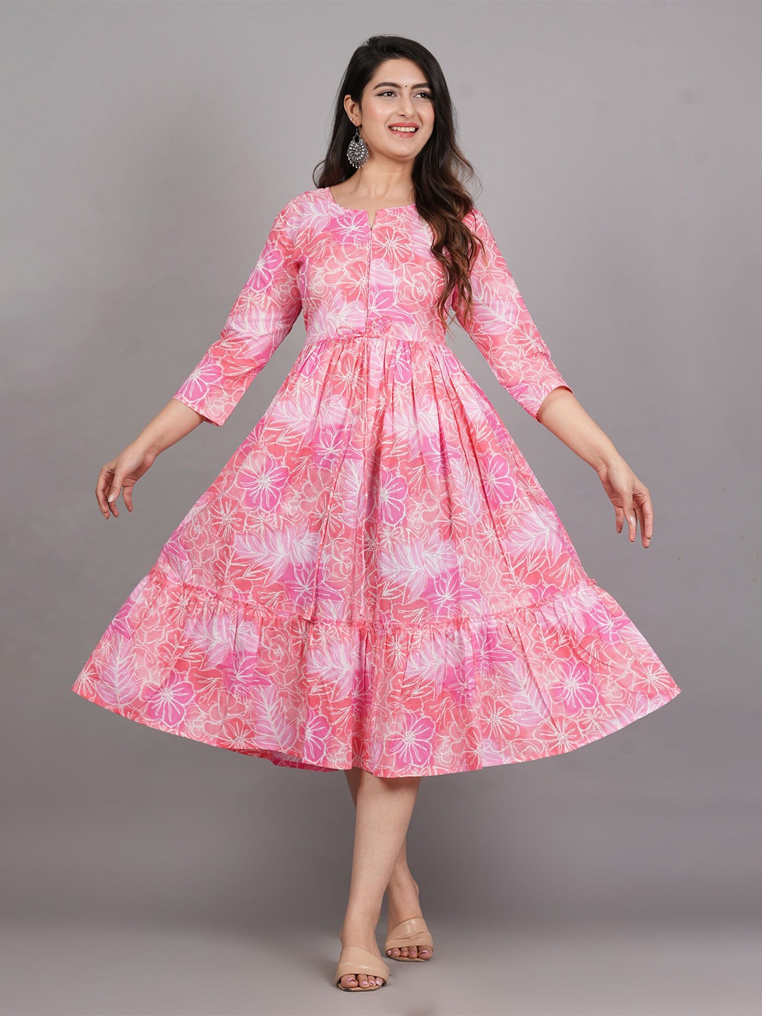 

SITA FASHION HUB Women Cotton Floral Printed Gotta Patti Anarkali Kurti, Pink