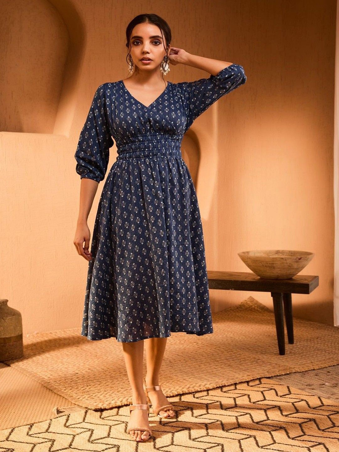 

Raiyani Enterprise Floral Printed Crepe Fit & Flare Midi Dress, Navy blue