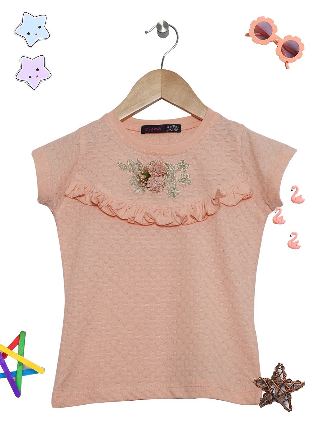 

PAMPOLINA Girls Floral Embroidered Regular Top, Peach