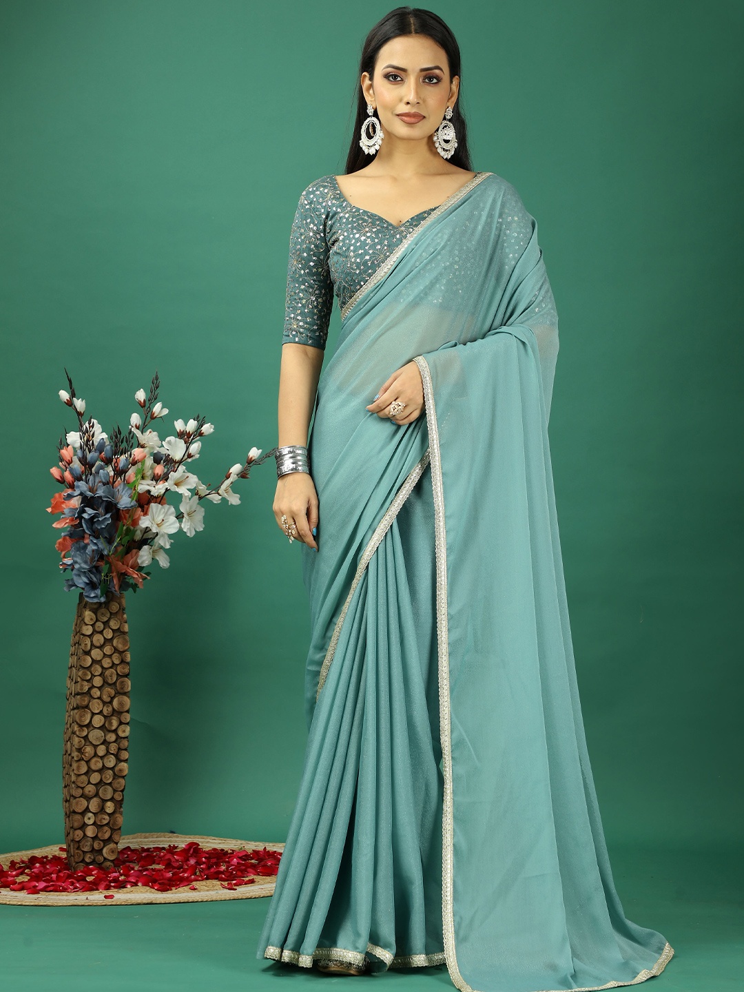 

KAYOMMI Beads and Stones Banarasi Saree, Blue