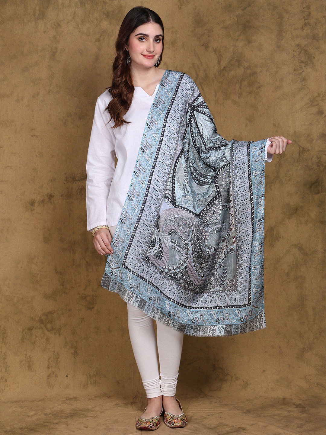 

Exotic India Jamawar Stole with Multicolor Flowers and Paisleys Print, Grey