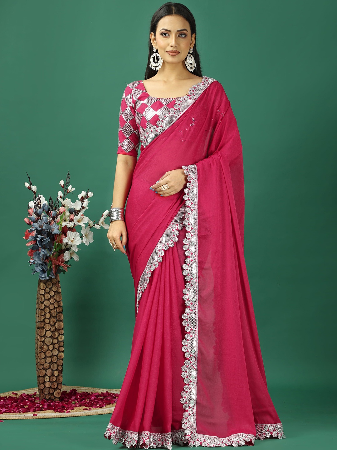 

KAYOMMI Sequinned Satin Banarasi Saree, Pink