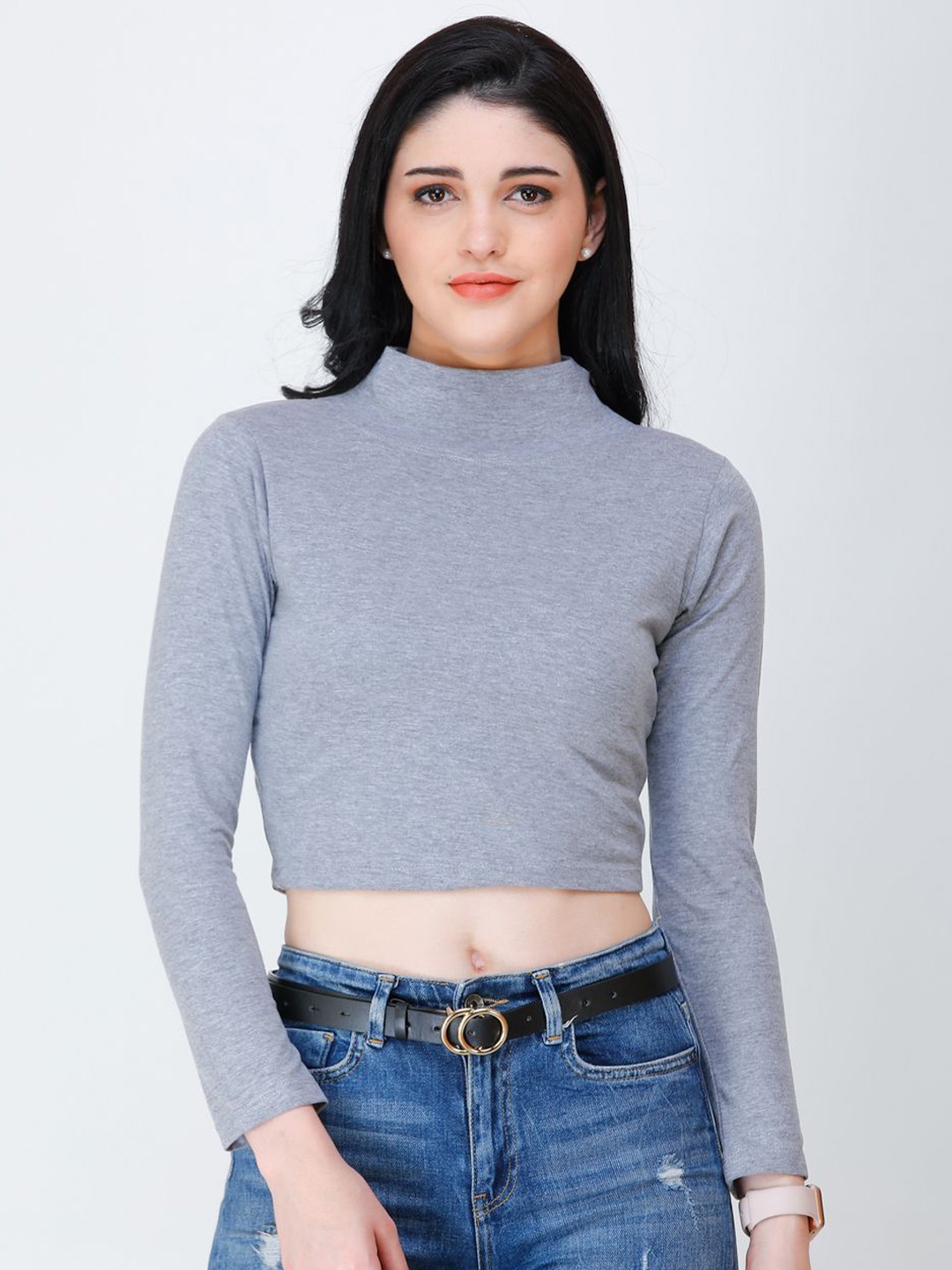 

BAESD Women High Neck Fitted Crop Top, Grey