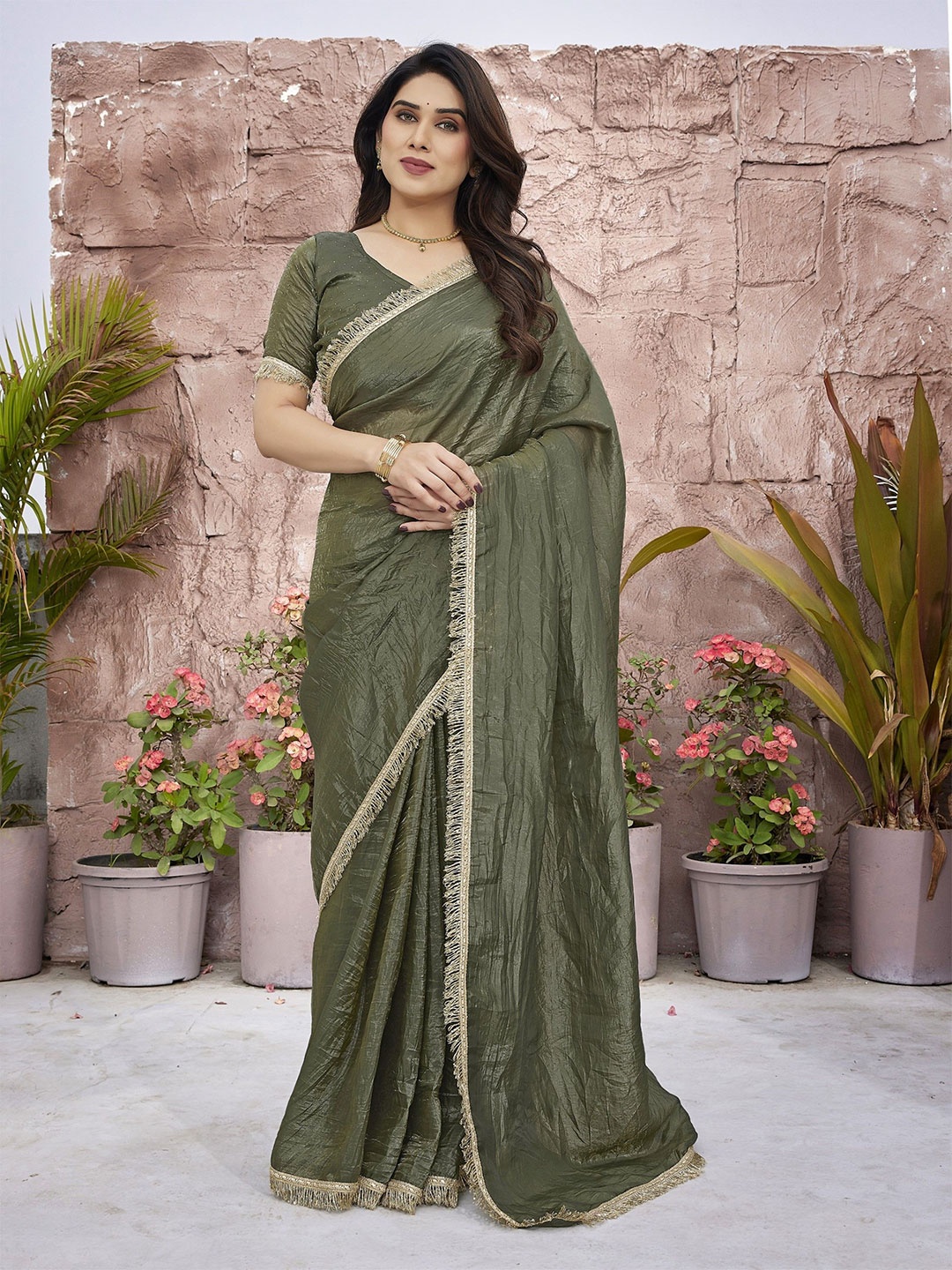 

Ambuja International Pure Silk Celebrity Saree With Gotta Patti Details, Olive