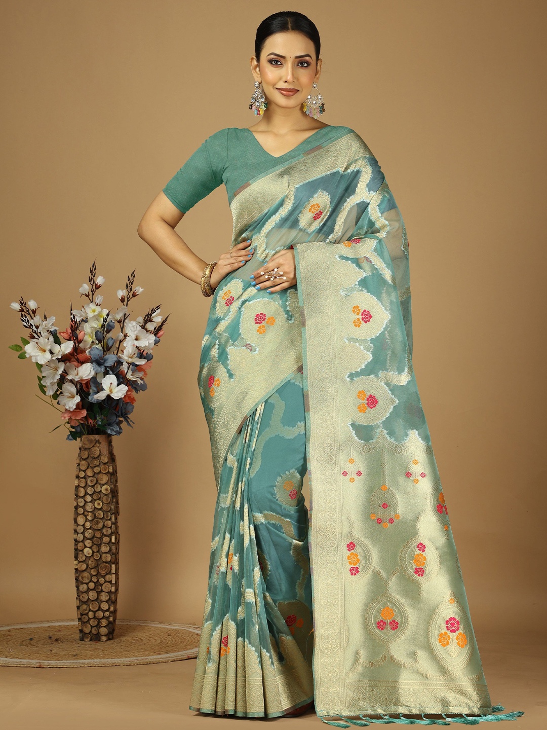

KAYOMMI Woven Design Zari Organza Banarasi Saree, Sea green