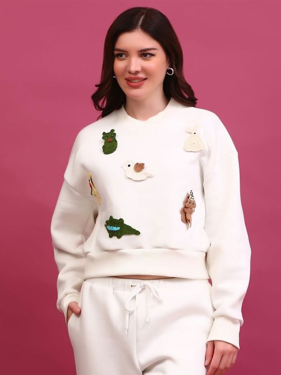 

ECO LEAS BY SHIPRA Women Conversational Embroidered Sweatshirt, Off white