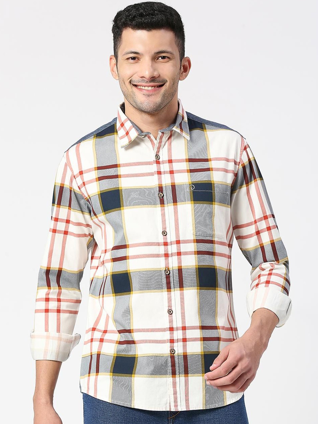 

SNX Men Spread Collar Tartan Checked Cotton Casual Shirt, Off white