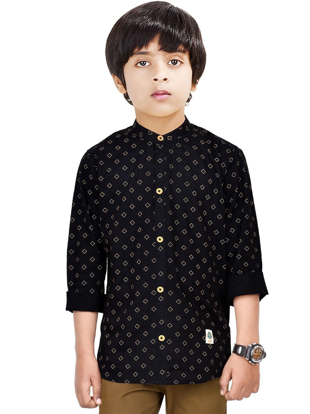 

MADE IN THE SHADE Boys Band Collar Geometric Printed Cotton Casual Shirt, Black