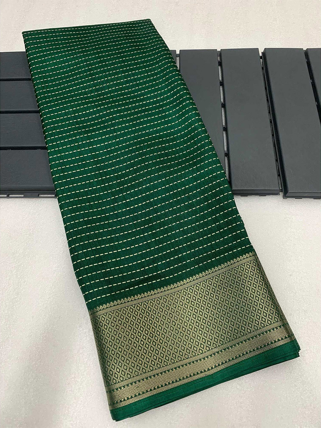 

Peachmode Striped Zari Saree with Blouse Piece, Green