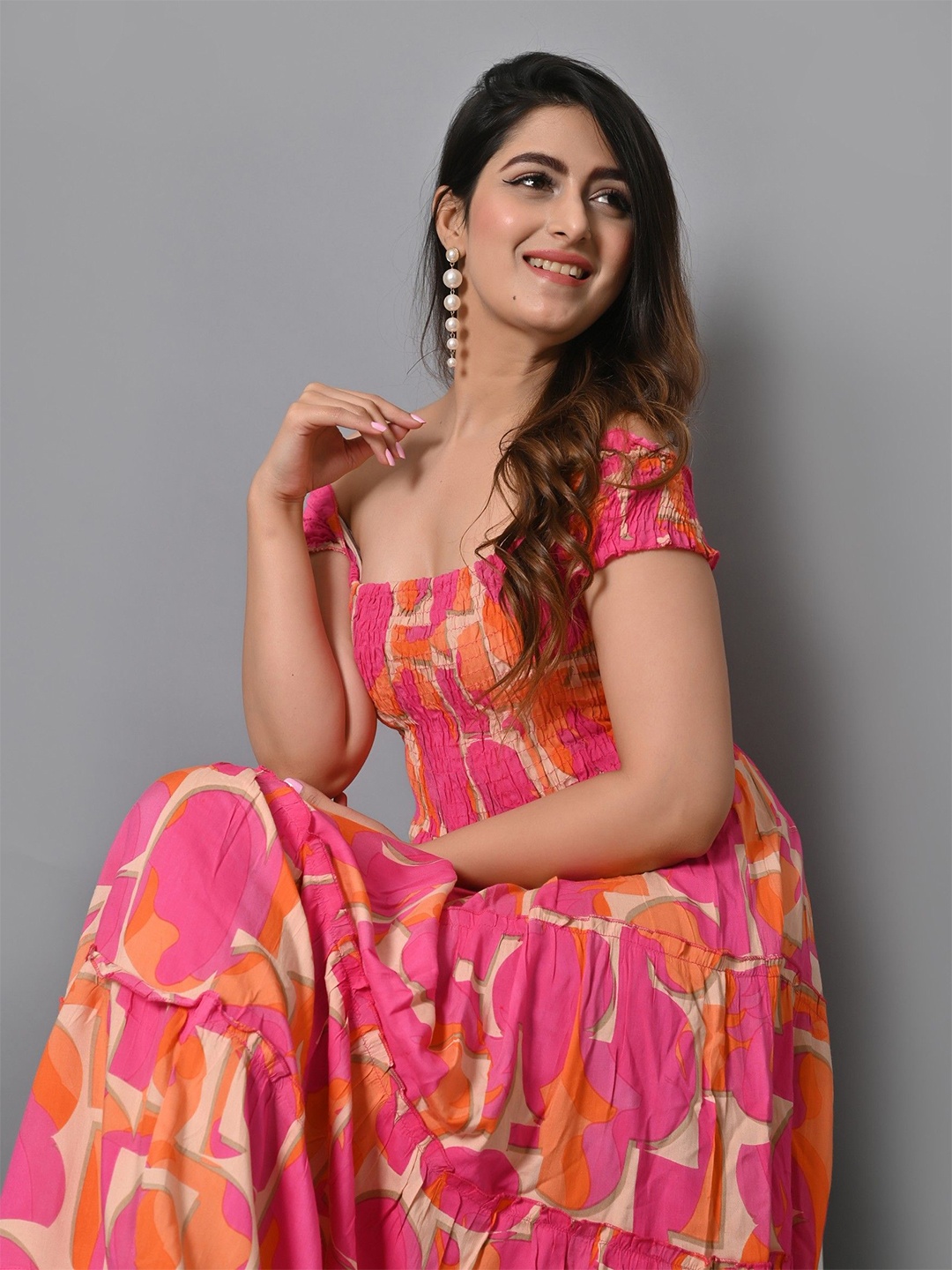 

Krunal Raiyani Women Printed Off-Shoulder Smoked Tired Fit & Flare Midi Dress, Pink