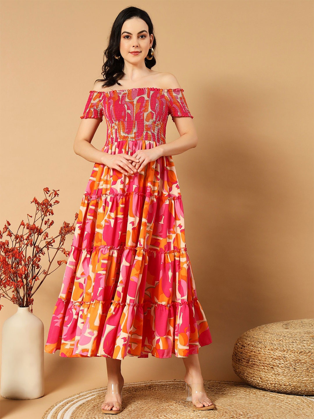 

Krunal Raiyani Printed Off-Shoulder Smocked Crepe Fit & Flare Dress, Orange