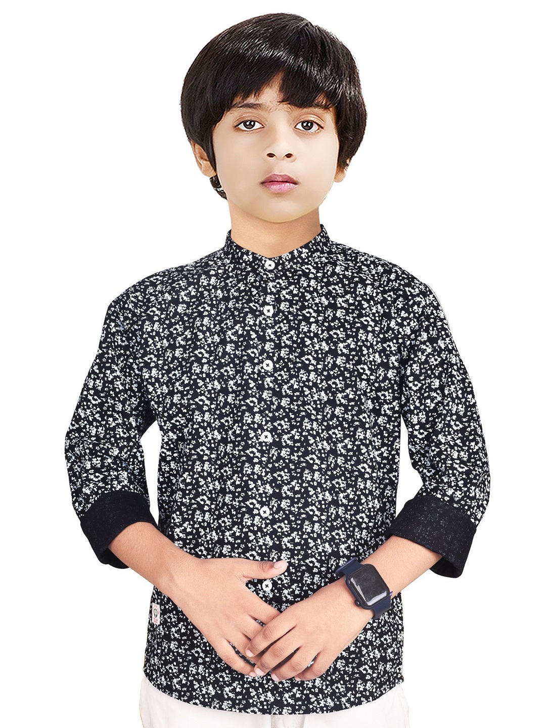 

MADE IN THE SHADE Boys Band Collar Abstract Printed Cotton Casual Shirt, Black