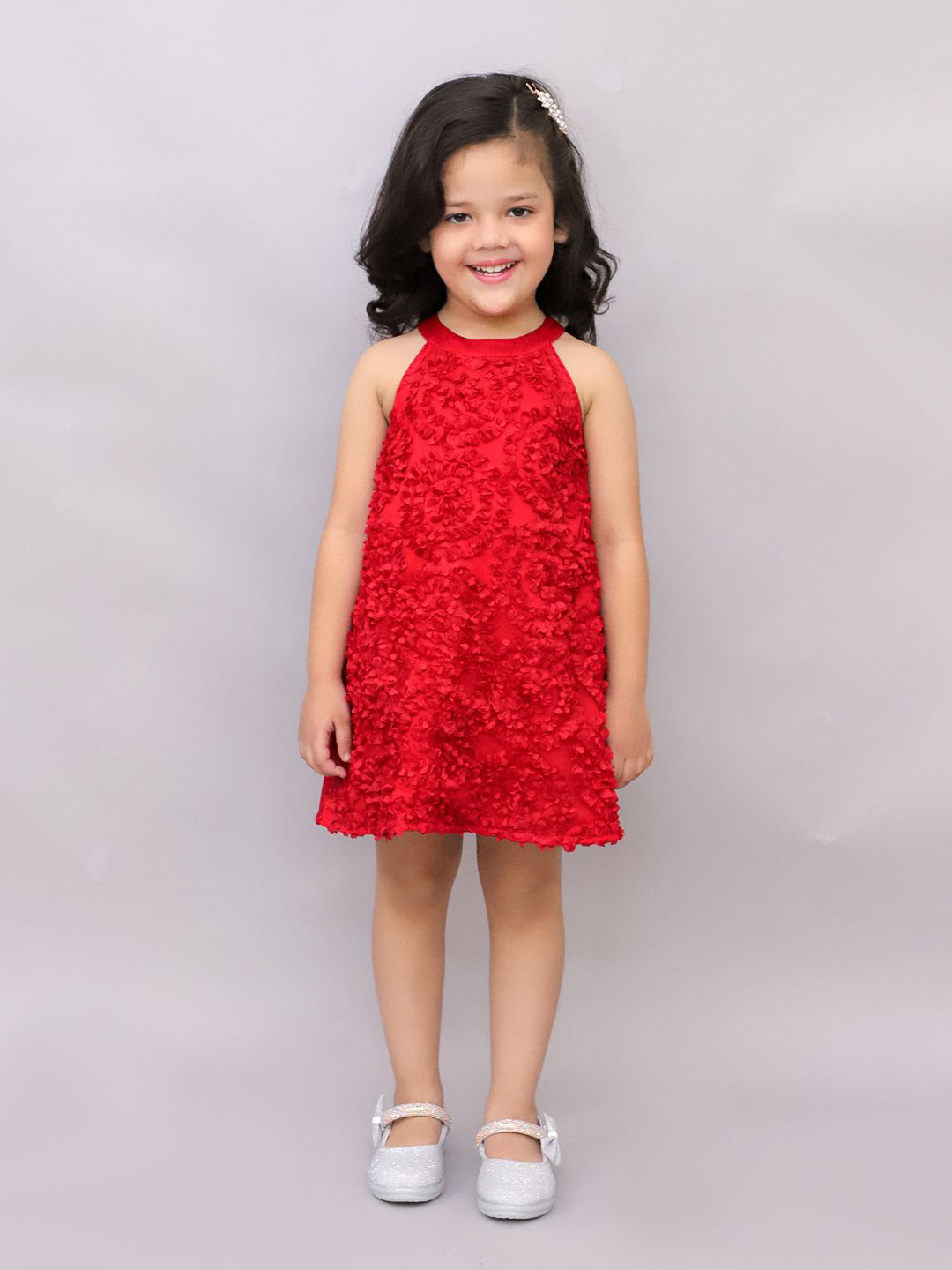 

LIL DRAMA Girls Round Neck Cotton A-Line Dress, Red