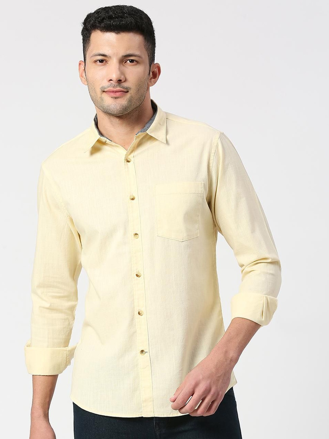 

SNX Men Slim Fit Spread Collar Solid Cotton Casual Shirt, Yellow