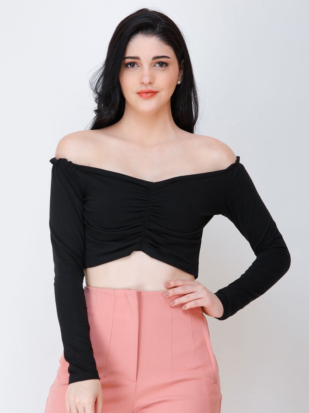 

BAESD Women Off-Shoulder Ruched Bardot Crop Top, Black