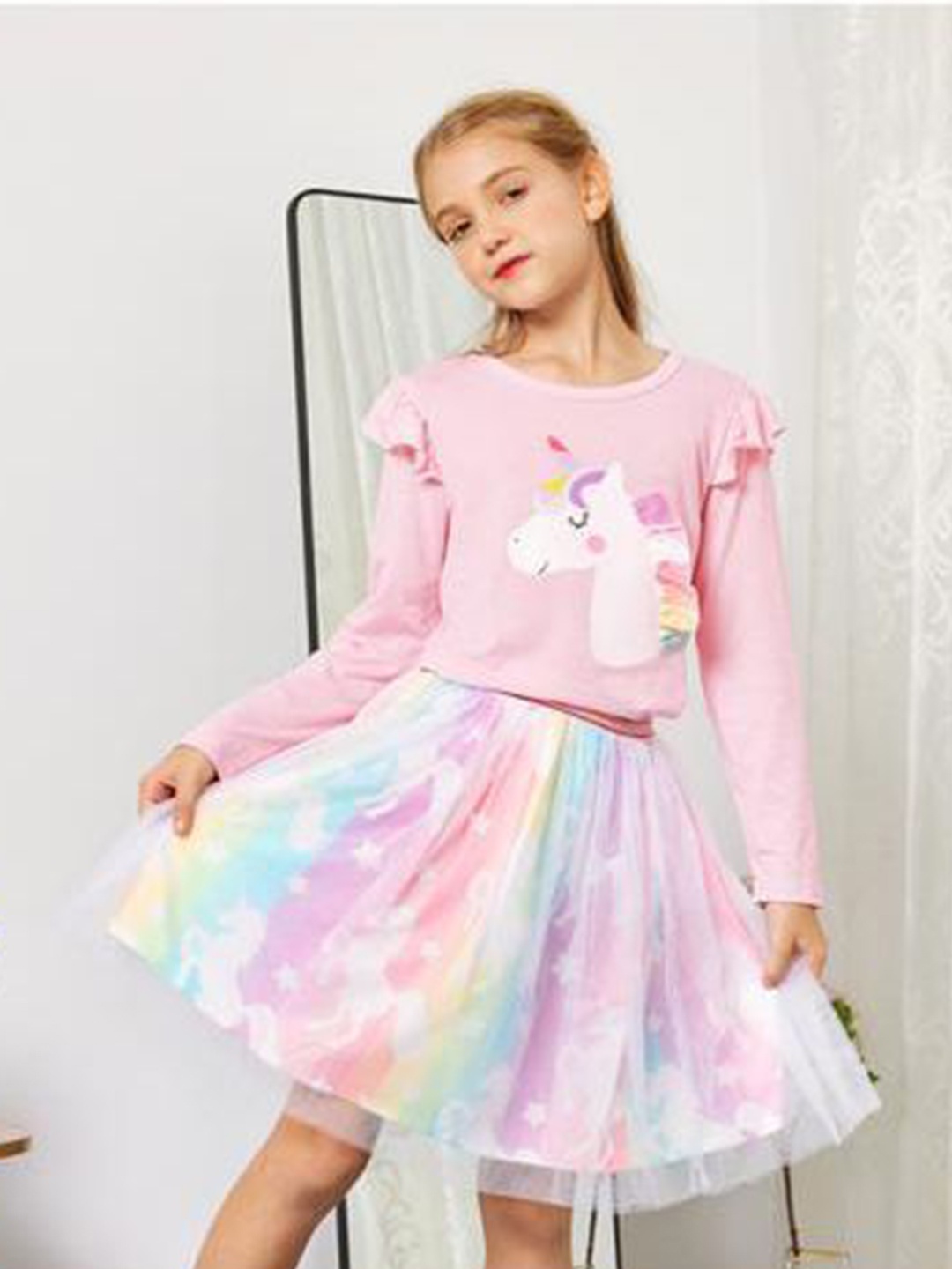 

Hikuj Girls Printed Long Sleeves T-shirt With Skirt, Pink